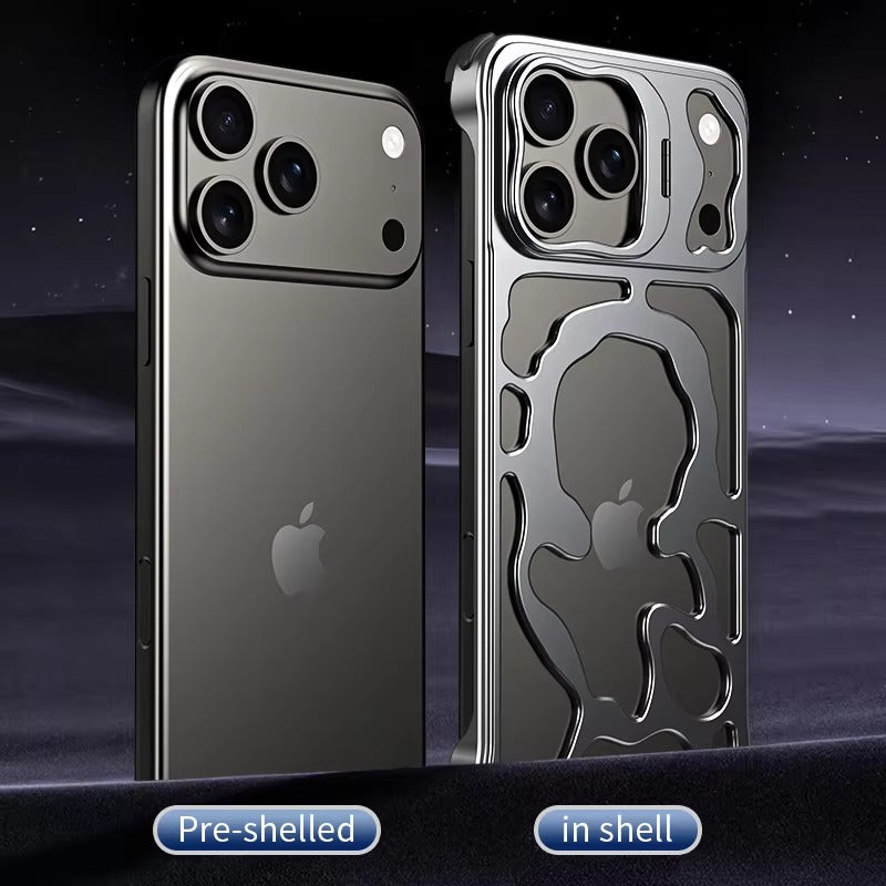 Premium iPhone Case — Magnetic Hollow Metal Cover with Breathable Heat-Dissipating Design and Built-In Stand Bracket