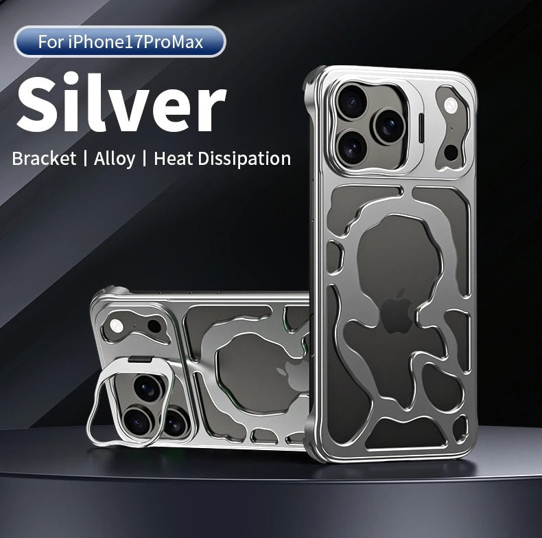Premium iPhone Case — Magnetic Hollow Metal Cover with Breathable Heat-Dissipating Design and Built-In Stand Bracket