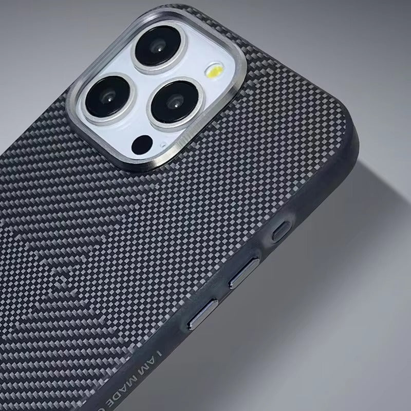 Premium iPhone Case — Matte Carbon Fiber Magnetic Cover with Shockproof Airbag Corners, Anti-Fingerprint Anti-Scratch Hybrid Protection & Metal Camera Frame