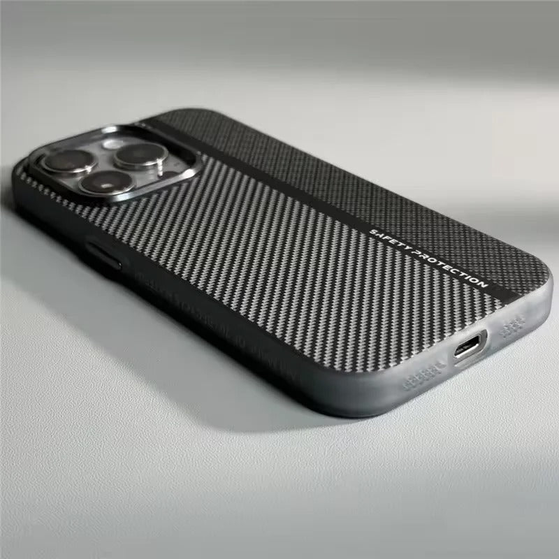 Premium iPhone Case — Matte Carbon Fiber Magnetic Cover with Shockproof Airbag Corners, Anti-Fingerprint Anti-Scratch Hybrid Protection & Metal Camera Frame