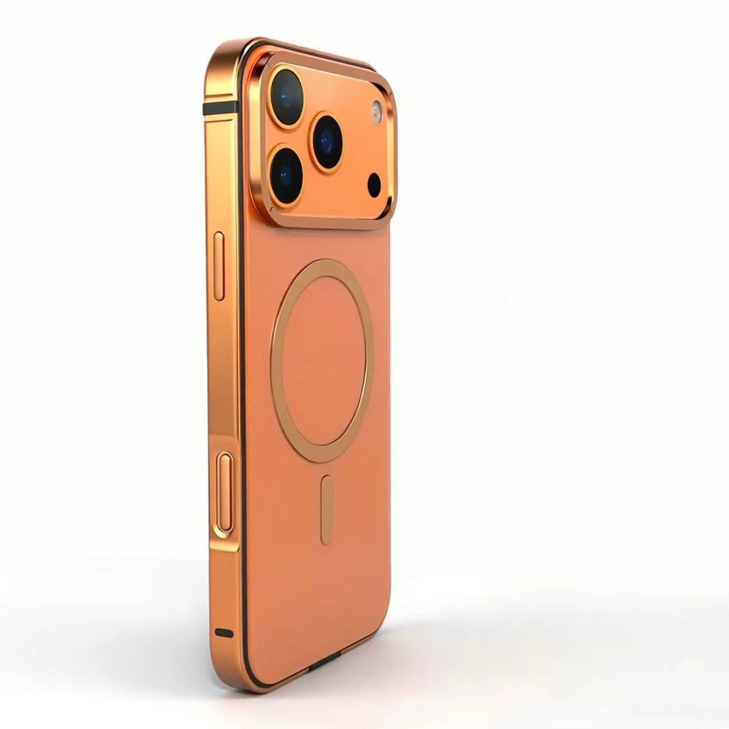 Premium iPhone Case — Orange Aluminum Alloy MagSafe Compatible Hard Shockproof Matte Cover with Magnetic Glass Protection, Anti-Scratch, Lightweight Design