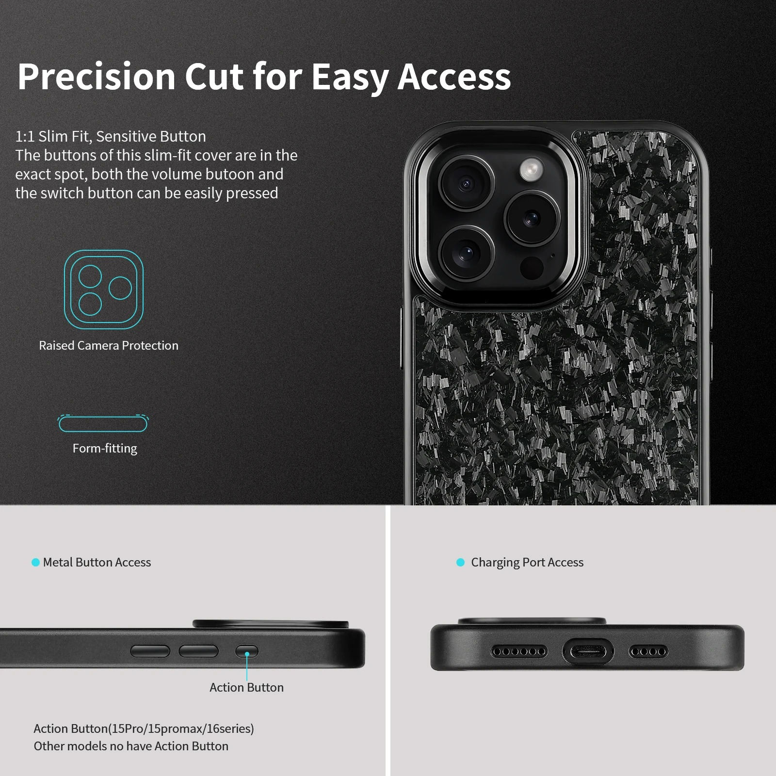 Premium iPhone Case — Real Forged Carbon Fiber MagSafe Cover with Metal Lens & Button Accents, Shockproof Dual-Layer Full-Coverage Lightweight Design