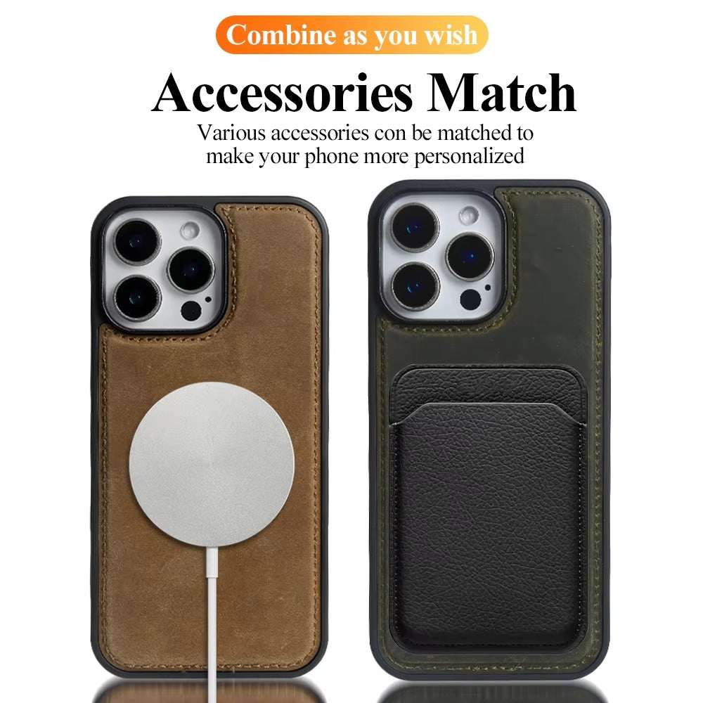 Premium iPhone Case — Vintage Crazy Horse Genuine Leather Magnetic Cover with Full-Coverage Shockproof Protection, Anti-Scratch Non-Slip Retro Design