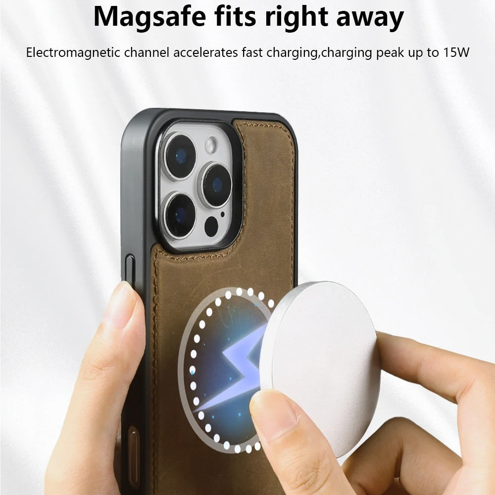 Premium iPhone Case — Vintage Crazy Horse Genuine Leather Magnetic Cover with Full-Coverage Shockproof Protection, Anti-Scratch Non-Slip Retro Design