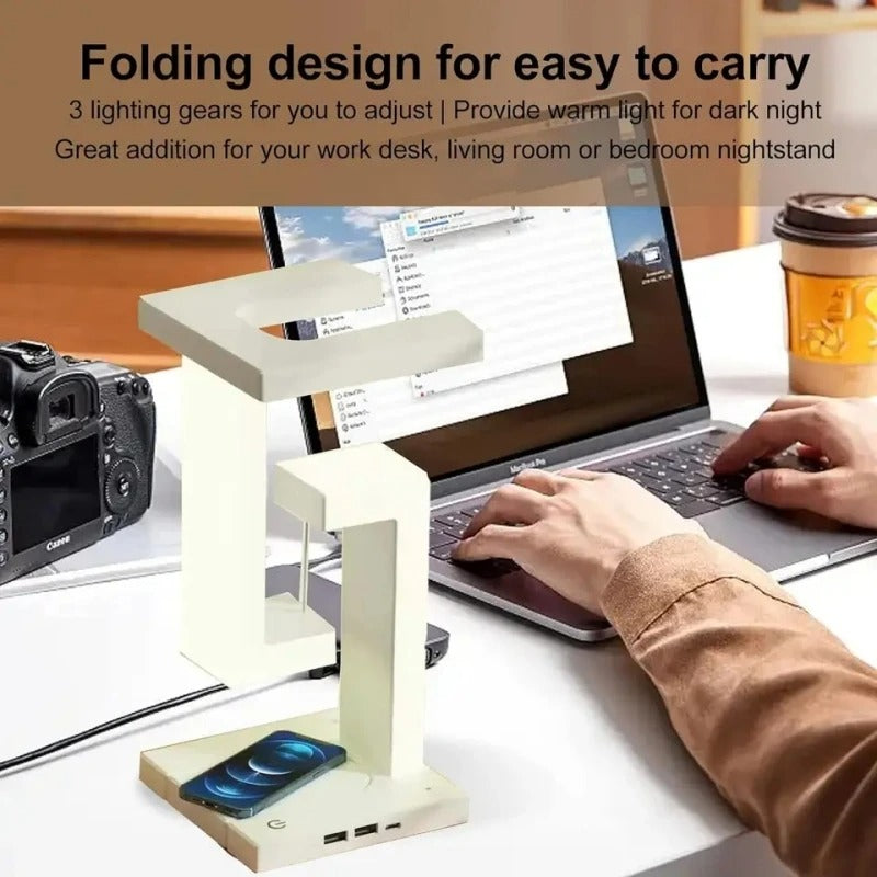 Premium iPhone Floating Desk Lamp with Wireless Charging, 10W Fast-Charge Bedside Light Featuring Air Charge Design, Phone Holder & USB Output