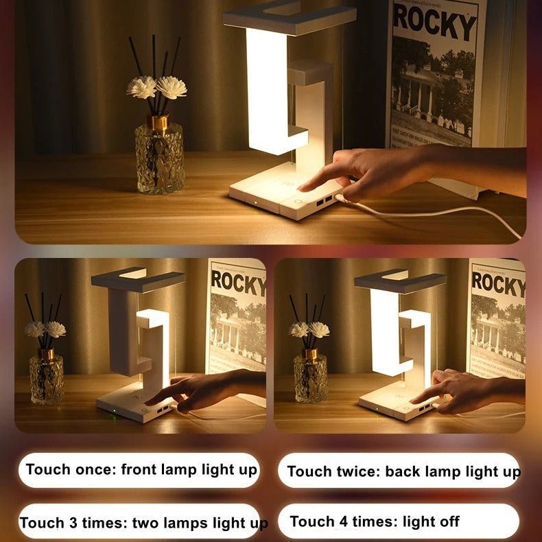 Premium iPhone Floating Desk Lamp with Wireless Charging, 10W Fast-Charge Bedside Light Featuring Air Charge Design, Phone Holder & USB Output