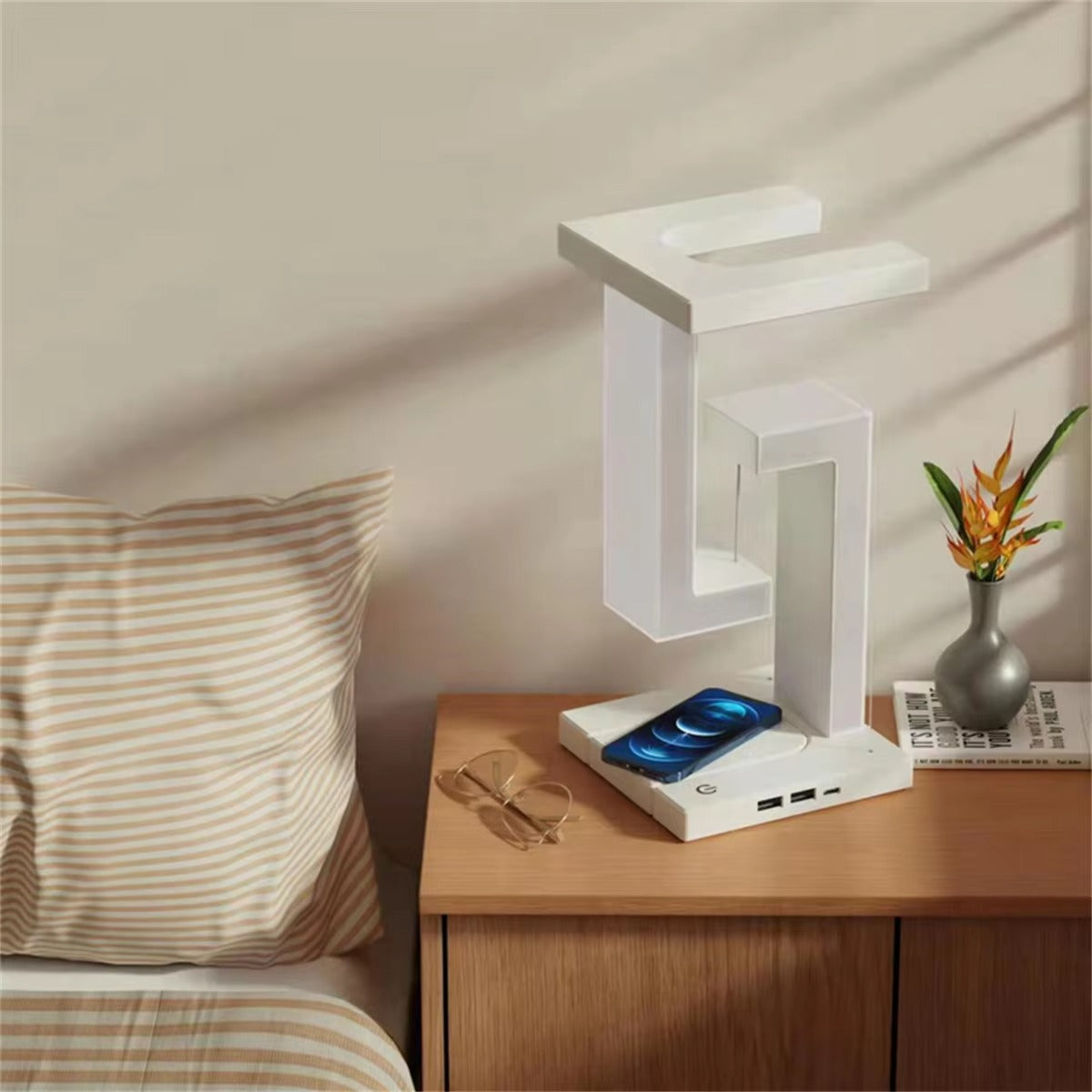 Premium iPhone Floating Desk Lamp with Wireless Charging, 10W Fast-Charge Bedside Light Featuring Air Charge Design, Phone Holder & USB Output
