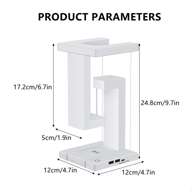 Premium iPhone Floating Desk Lamp with Wireless Charging, 10W Fast-Charge Bedside Light Featuring Air Charge Design, Phone Holder & USB Output