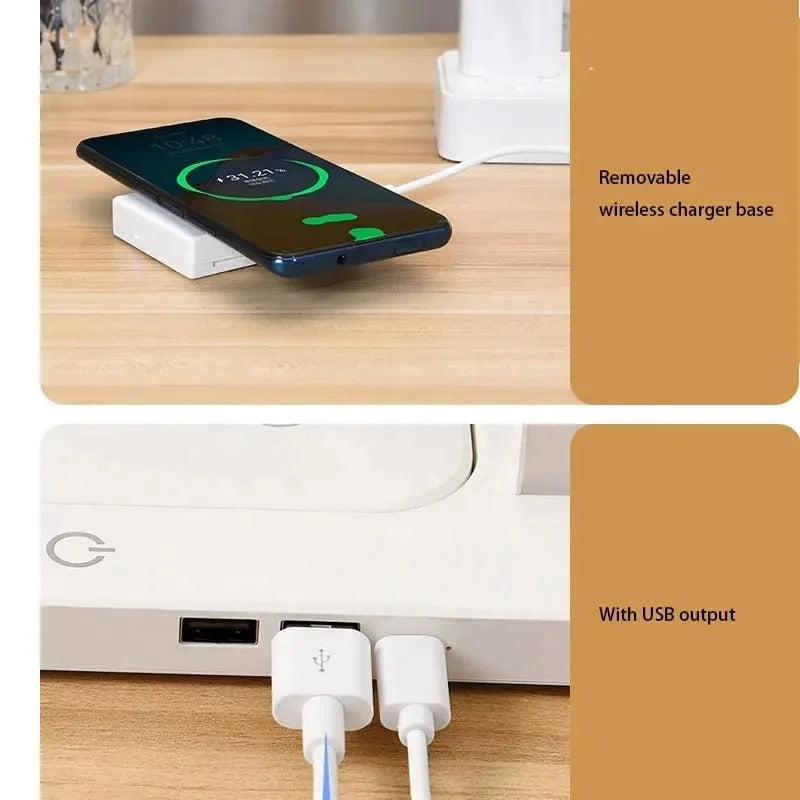 Premium iPhone Floating Desk Lamp with Wireless Charging, 10W Fast-Charge Bedside Light Featuring Air Charge Design, Phone Holder & USB Output