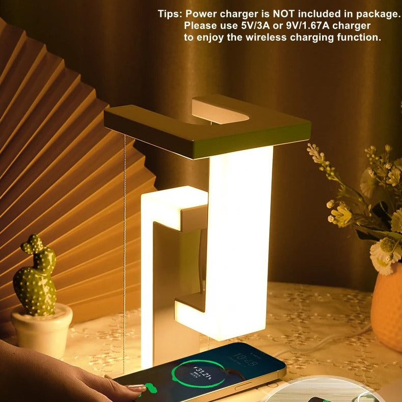 Premium iPhone Floating Desk Lamp with Wireless Charging, 10W Fast-Charge Bedside Light Featuring Air Charge Design, Phone Holder & USB Output