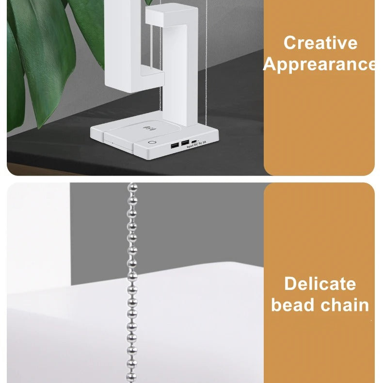 Premium iPhone Floating Desk Lamp with Wireless Charging, 10W Fast-Charge Bedside Light Featuring Air Charge Design, Phone Holder & USB Output