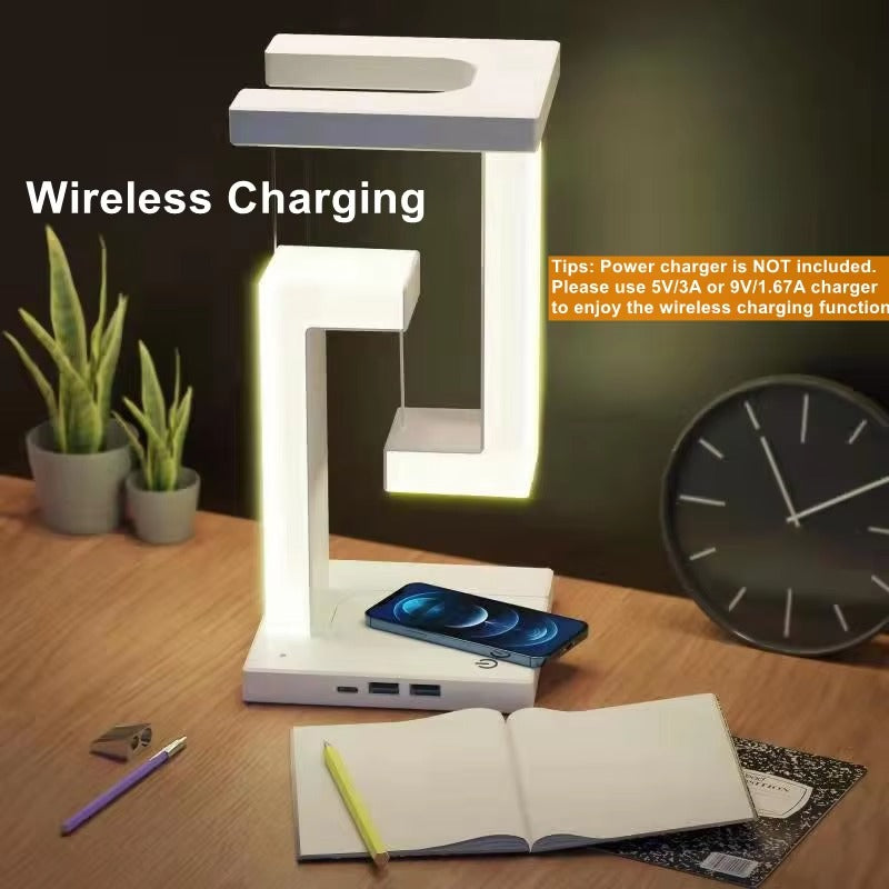 Premium iPhone Floating Desk Lamp with Wireless Charging, 10W Fast-Charge Bedside Light Featuring Air Charge Design, Phone Holder & USB Output