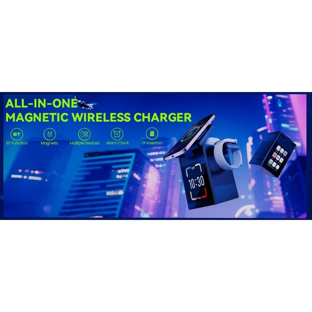 Premium iPhone Magnetic Wireless Charging Station, 15W Fast-Charge Stand with LED Display, Bluetooth Speaker & Alarm Clock