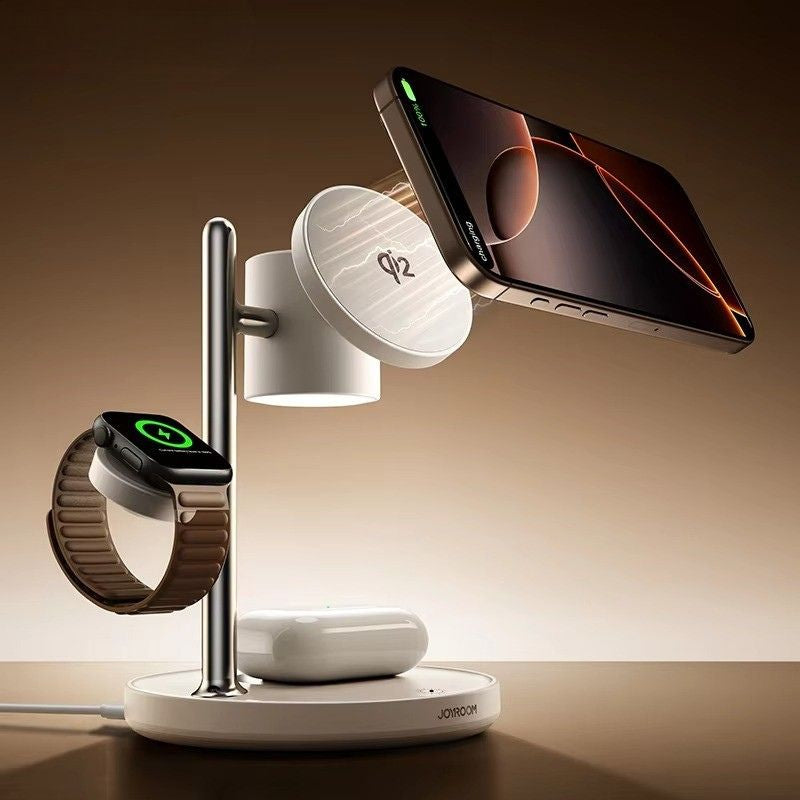 Premium iPhone Qi2 Magnetic Wireless Charging Station, 15W Fast-Charge Stand for Phone, Watch & Earbuds with LED Lamp Design
