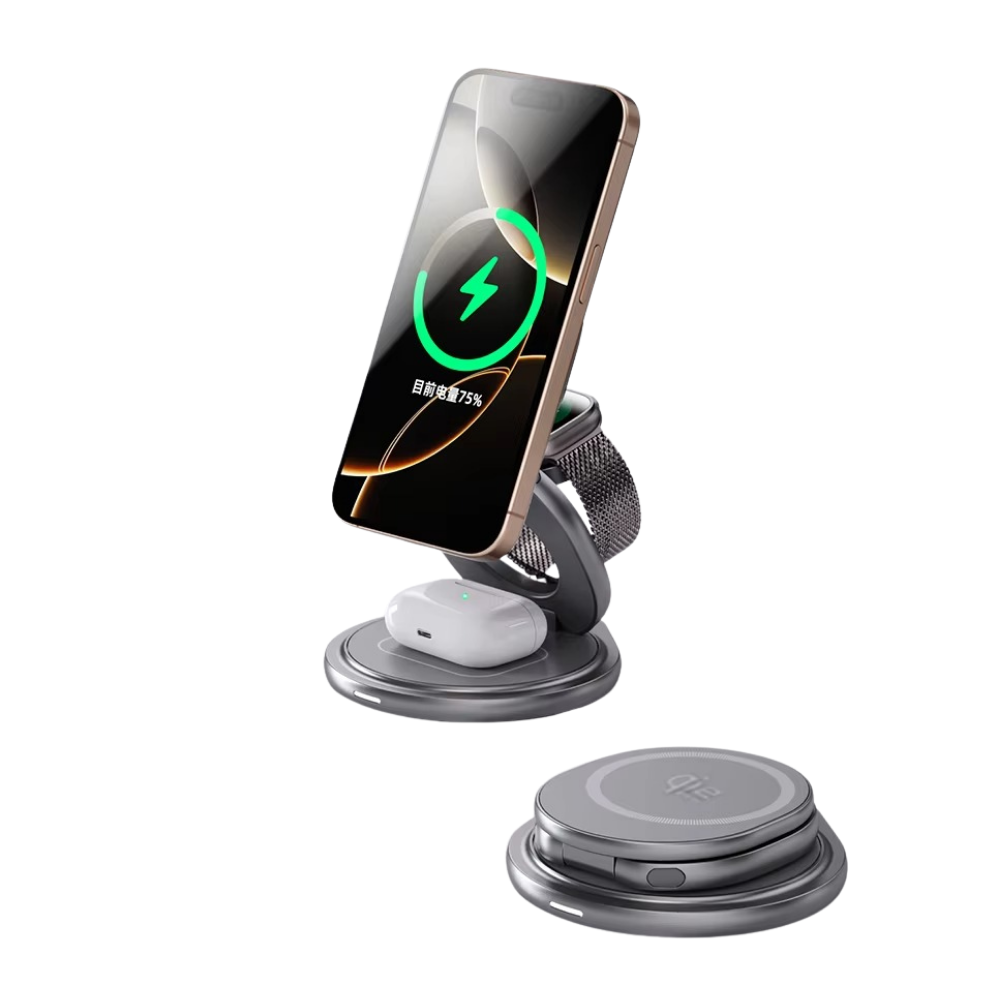 Premium iPhone Qi2 Wireless Charging Station, 25W Magnetic Fast-Charge Metal Stand with Foldable Design and 360° Rotation