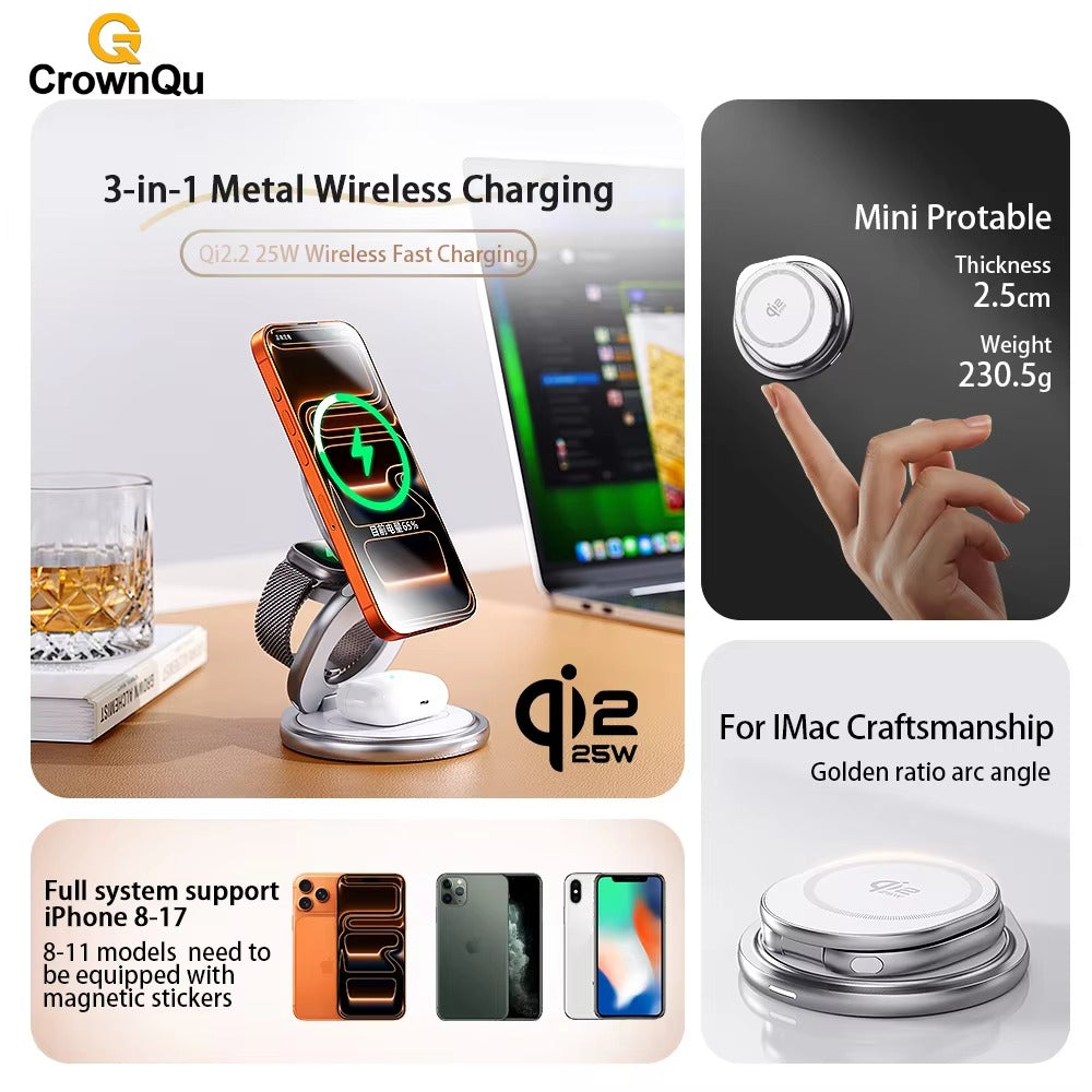 Premium iPhone Qi2 Wireless Charging Station, 25W Magnetic Fast-Charge Metal Stand with Foldable Design and 360° Rotation
