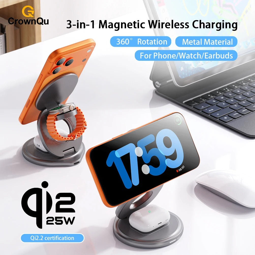 Premium iPhone Qi2 Wireless Charging Station, 25W Magnetic Fast-Charge Metal Stand with Foldable Design and 360° Rotation
