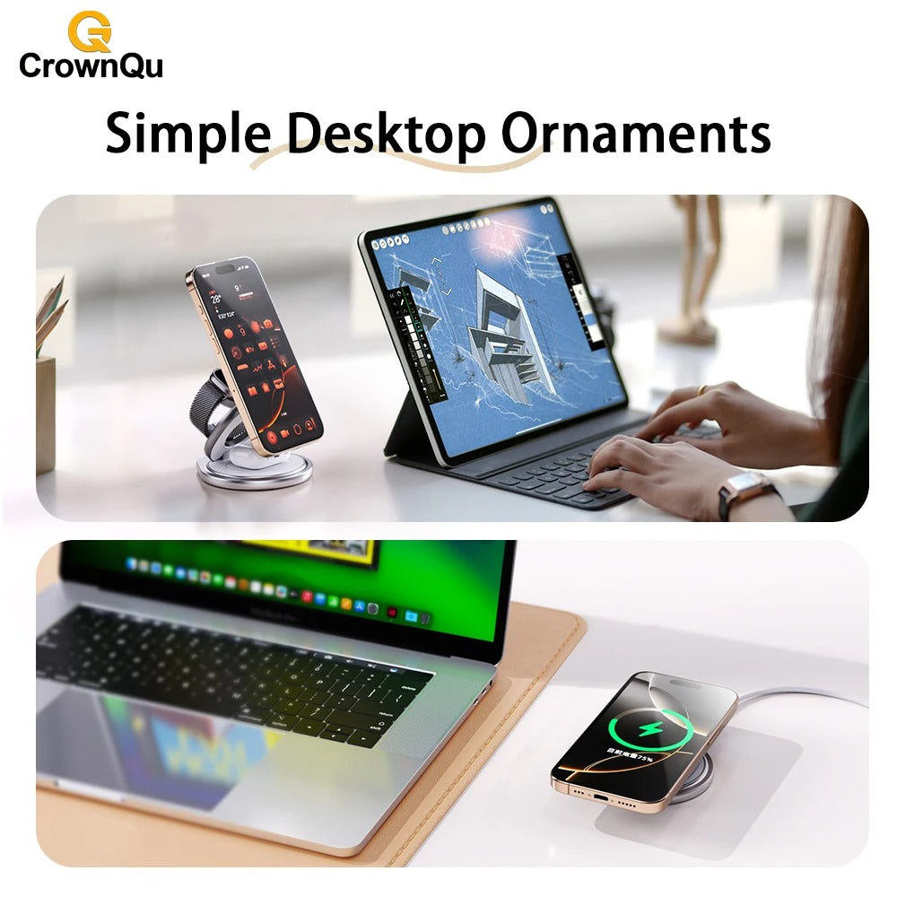 Premium iPhone Qi2 Wireless Charging Station, 25W Magnetic Fast-Charge Metal Stand with Foldable Design and 360° Rotation