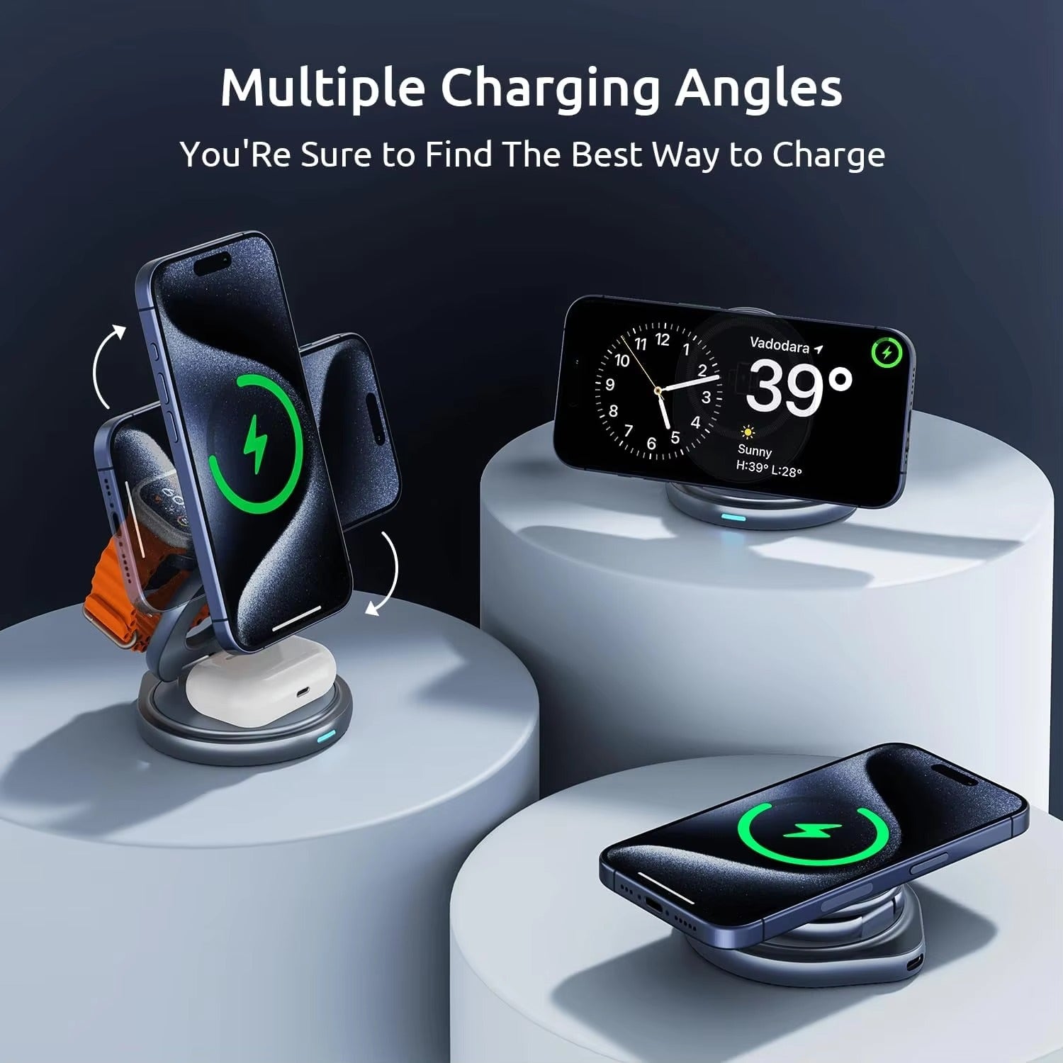 Premium iPhone Qi2 Wireless Charging Station, 25W Magnetic Fast-Charge Metal Stand with Foldable Design and 360° Rotation