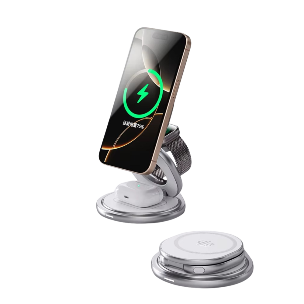 Premium iPhone Qi2 Wireless Charging Station, 25W Magnetic Fast-Charge Metal Stand with Foldable Design and 360° Rotation