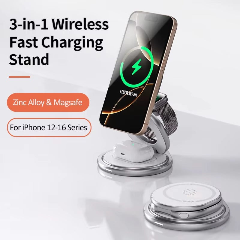 Premium iPhone Qi2 Wireless Charging Station, 25W Magnetic Fast-Charge Metal Stand with Foldable Design and 360° Rotation