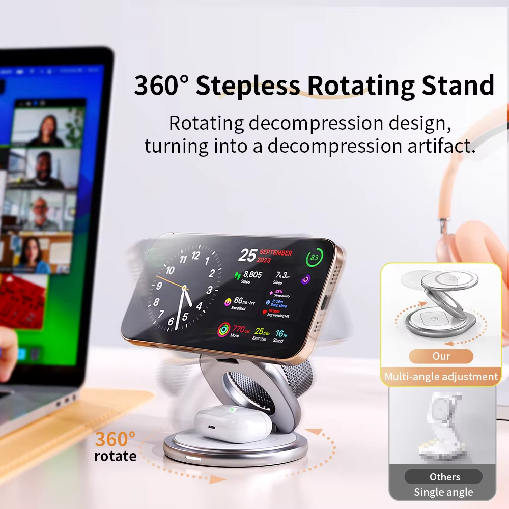 Premium iPhone Qi2 Wireless Charging Station, 25W Magnetic Fast-Charge Metal Stand with Foldable Design and 360° Rotation
