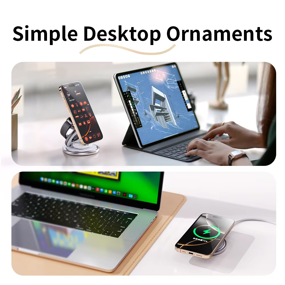 Premium iPhone Qi2 Wireless Charging Station, 25W Magnetic Fast-Charge Metal Stand with Foldable Design and 360° Rotation