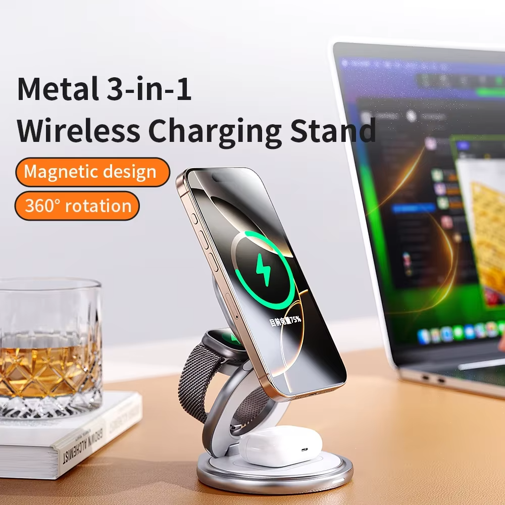 Premium iPhone Qi2 Wireless Charging Station, 25W Magnetic Fast-Charge Metal Stand with Foldable Design and 360° Rotation
