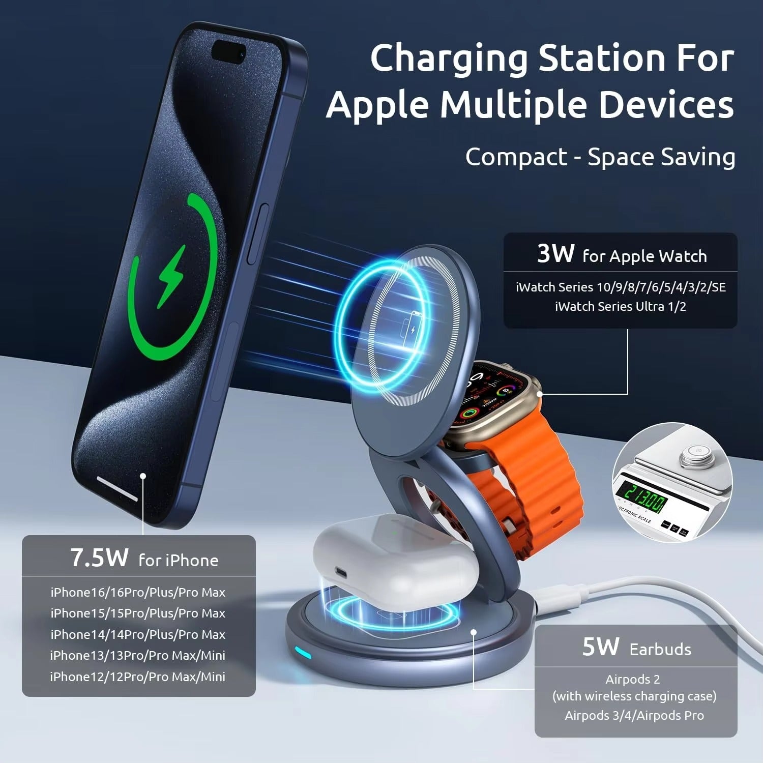 Premium iPhone Qi2 Wireless Charging Station, 25W Magnetic Fast-Charge Metal Stand with Foldable Design and 360° Rotation