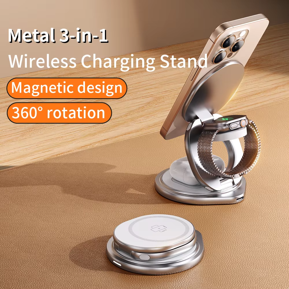 Premium iPhone Qi2 Wireless Charging Station, 25W Magnetic Fast-Charge Metal Stand with Foldable Design and 360° Rotation