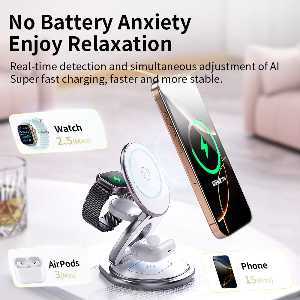 Premium iPhone Qi2 Wireless Charging Station, 25W Magnetic Fast-Charge Metal Stand with Foldable Design and 360° Rotation