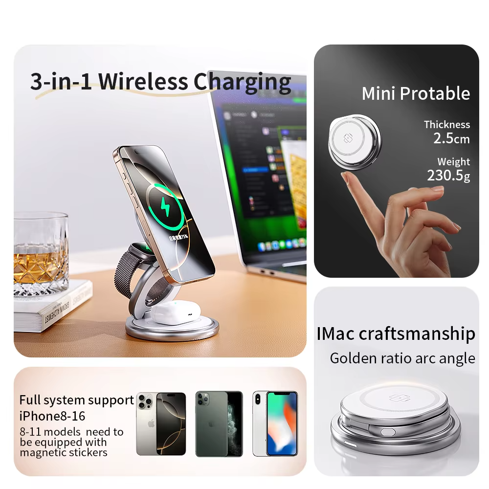 Premium iPhone Qi2 Wireless Charging Station, 25W Magnetic Fast-Charge Metal Stand with Foldable Design and 360° Rotation