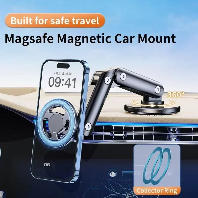 Rugged Magnetic Car Wireless Charger Stand, 15W Fast-Charge Metal Mount with 360° Rotation and Foldable Design