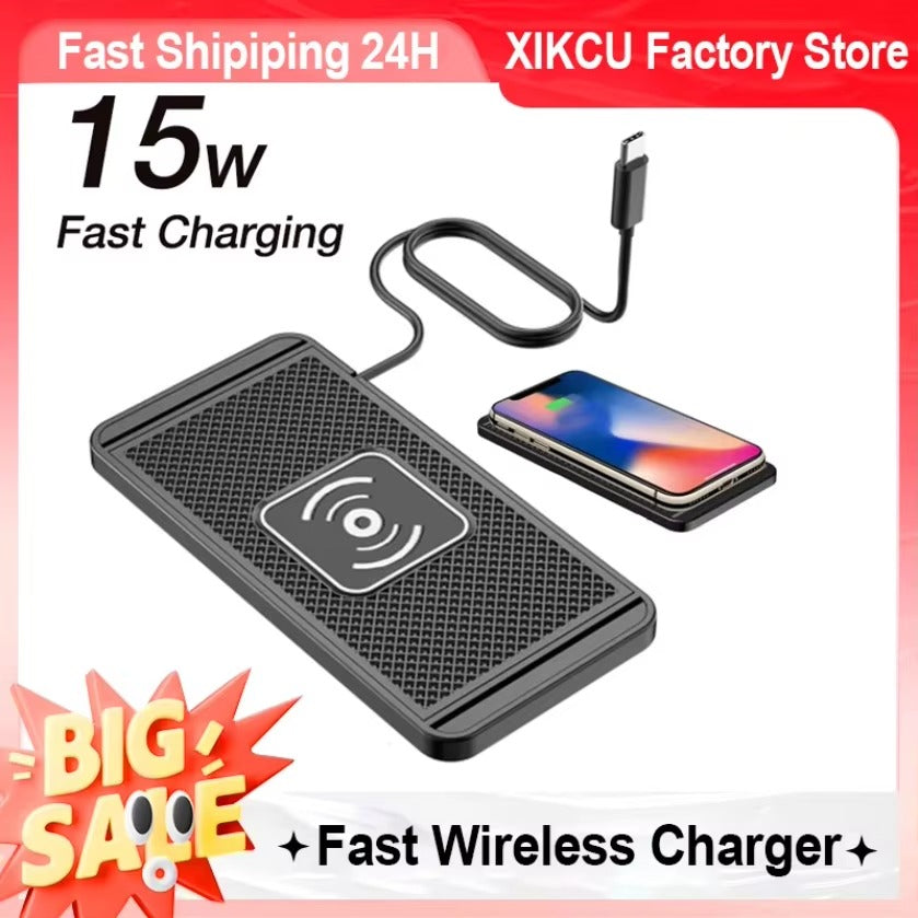 Rugged Wireless Car Charging Pad Stand, 15W Fast-Charge Silicone Dock for Smartphones with Stable Non-Slip Design