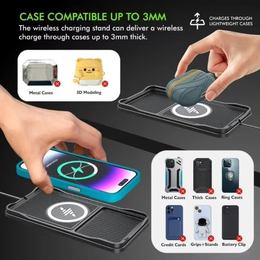 Rugged Wireless Car Charging Pad Stand, 15W Fast-Charge Silicone Dock for Smartphones with Stable Non-Slip Design