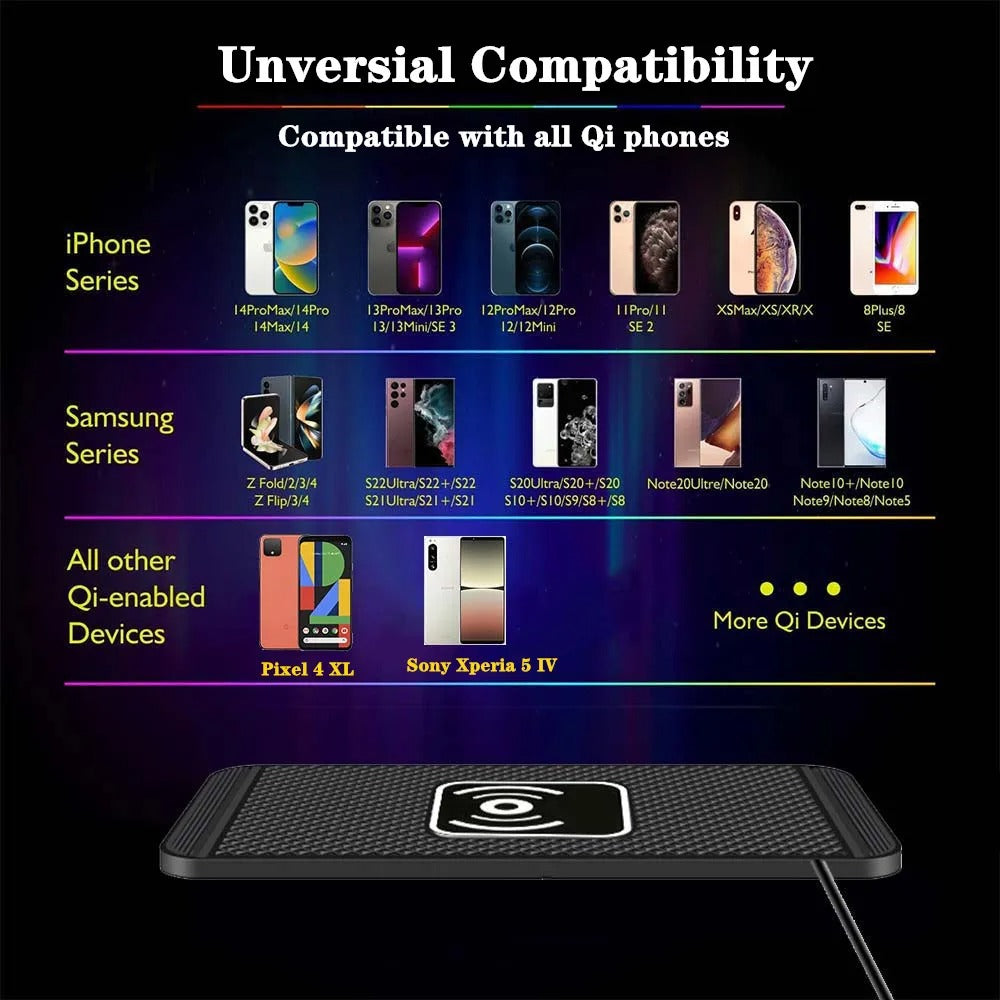 Rugged Wireless Car Charging Pad Stand, 15W Fast-Charge Silicone Dock for Smartphones with Stable Non-Slip Design