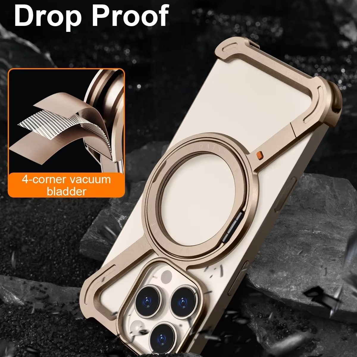 Rugged iPhone Case — Z-Shape Metal Shockproof Bumper with 360° Rotating Ring Holder, Magnetic, Wireless-Charging Compatible, Non-Slip Full Coverage