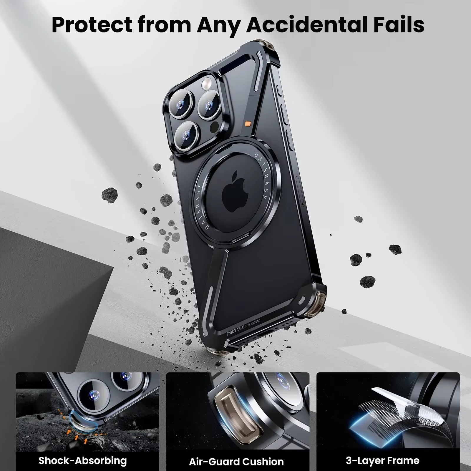 Rugged iPhone Case — Z-Shape Metal Shockproof Bumper with 360° Rotating Ring Holder, Magnetic, Wireless-Charging Compatible, Non-Slip Full Coverage