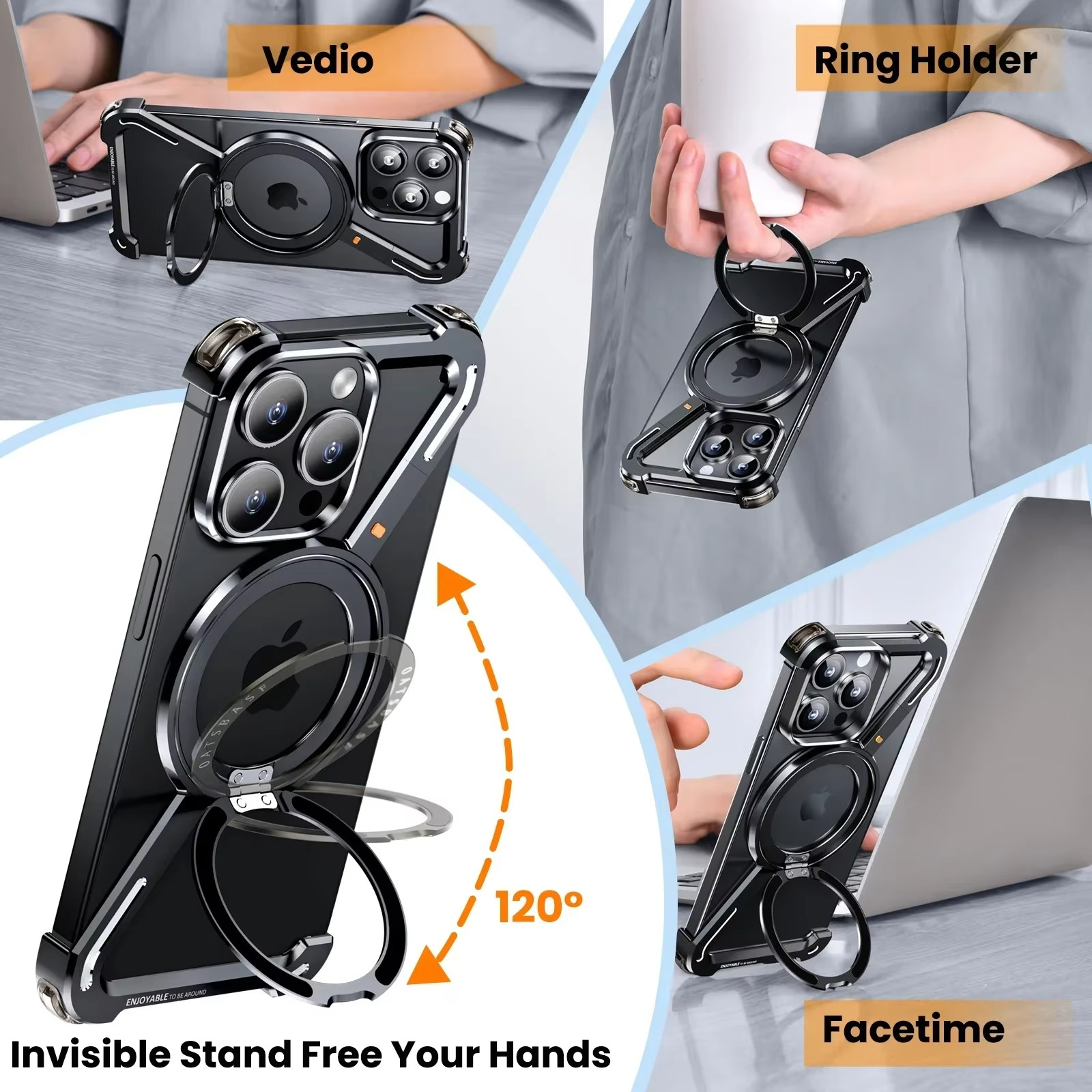 Rugged iPhone Case — Z-Shape Metal Shockproof Bumper with 360° Rotating Ring Holder, Magnetic, Wireless-Charging Compatible, Non-Slip Full Coverage