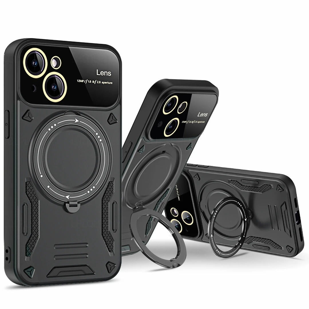 Rugged iPhone Armor Magnetic Case — 360° Rotating Holder, Shockproof Anti-Drop Protection, Lens Camera Safety, Durable Hybrid PC+TPU Cover