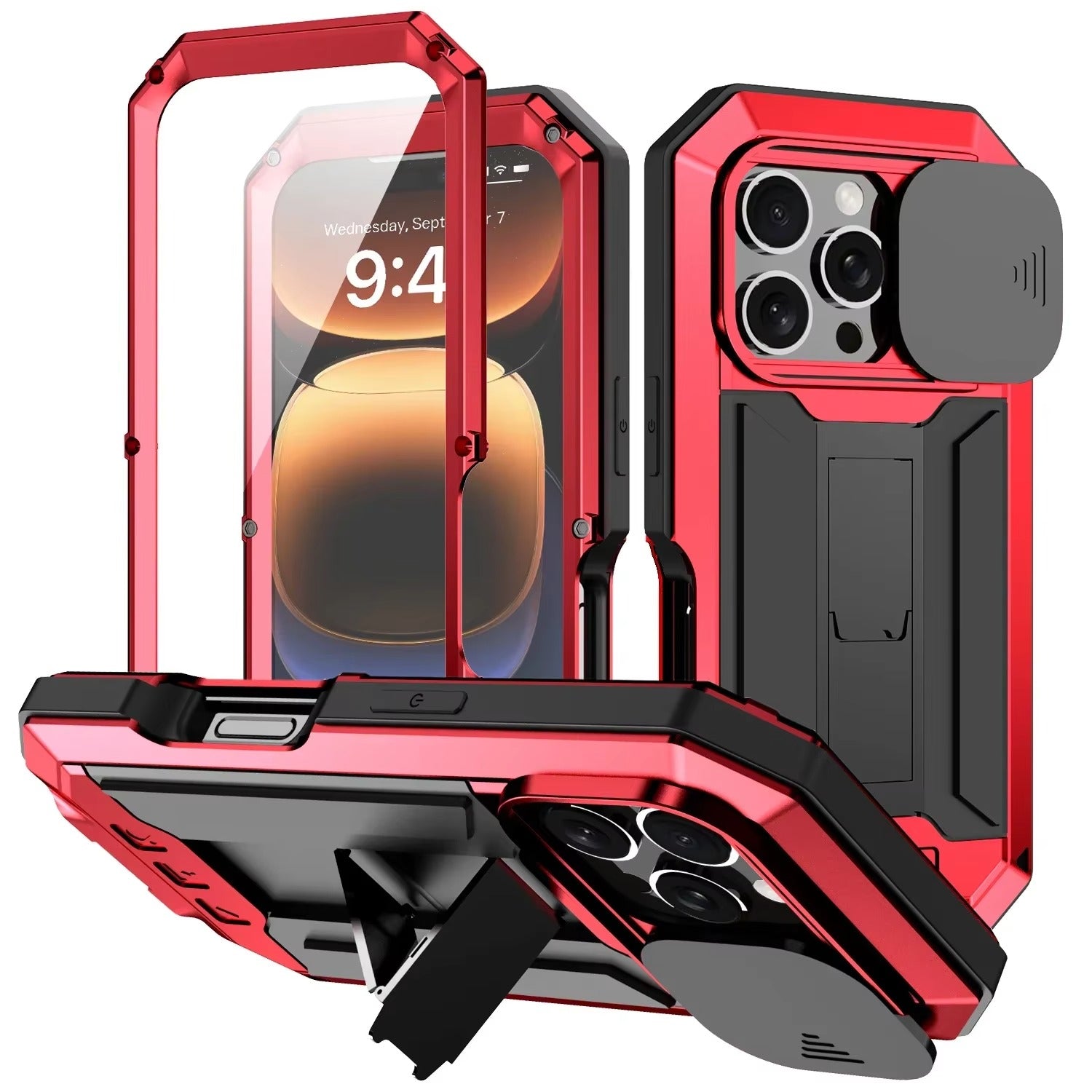 Rugged iPhone Case 360° Full Protection Shockproof — Metal Frame with Tempered Glass, Slide Camera Cover, Built-In Stand, Dustproof & Drop-Resistant Design