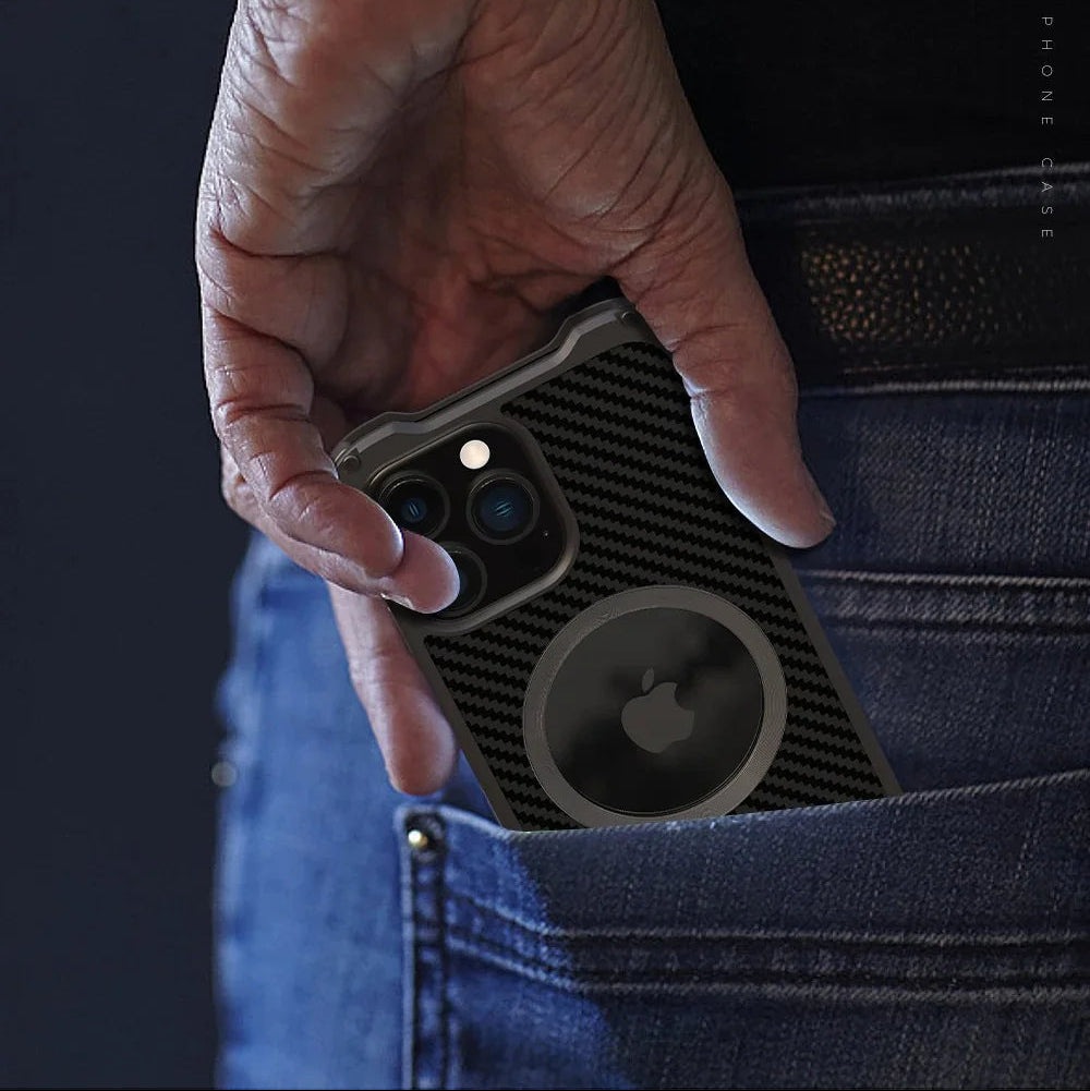 Rugged iPhone Case Carbon Fiber Magnetic Cover — Heavy Duty Metal Frame, MagSafe Wireless Charging Compatible, Shockproof Anti-Scratch Non-Slip Protection