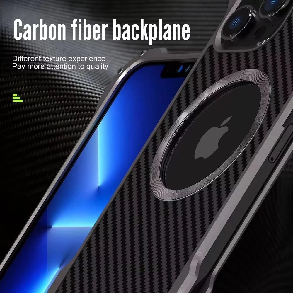 Rugged iPhone Case Carbon Fiber Magnetic Cover — Heavy Duty Metal Frame, MagSafe Wireless Charging Compatible, Shockproof Anti-Scratch Non-Slip Protection