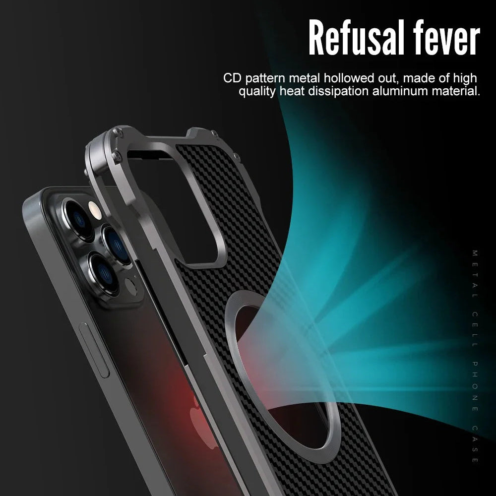 Rugged iPhone Case Carbon Fiber Magnetic Cover — Heavy Duty Metal Frame, MagSafe Wireless Charging Compatible, Shockproof Anti-Scratch Non-Slip Protection
