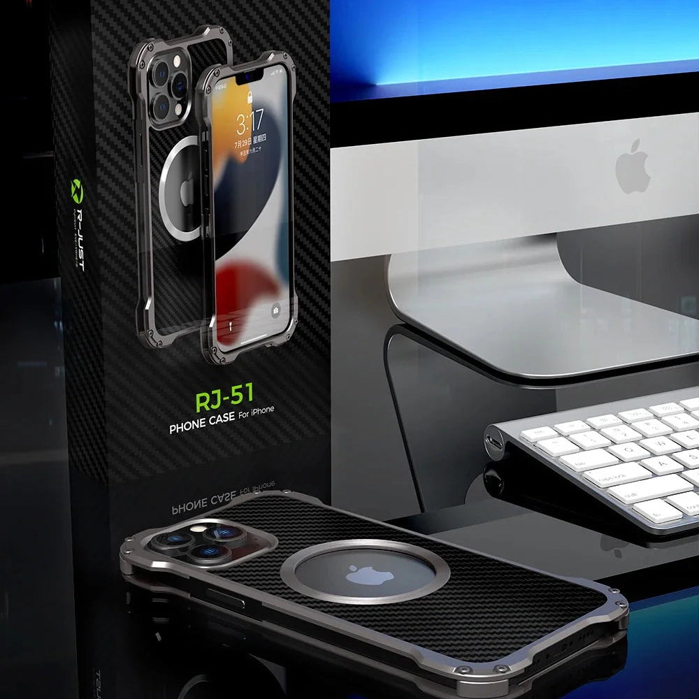 Rugged iPhone Case Carbon Fiber Magnetic Cover — Heavy Duty Metal Frame, MagSafe Wireless Charging Compatible, Shockproof Anti-Scratch Non-Slip Protection