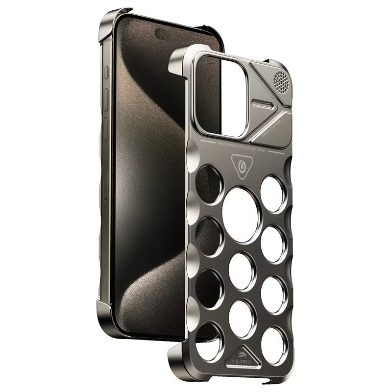 Rugged iPhone Case Shockproof Metal Cooling Armor — Aluminum Alloy Hollow Frameless Anti-Drop Cover, Matte Anti-Glare, Scratch-Resistant, Non-Slip