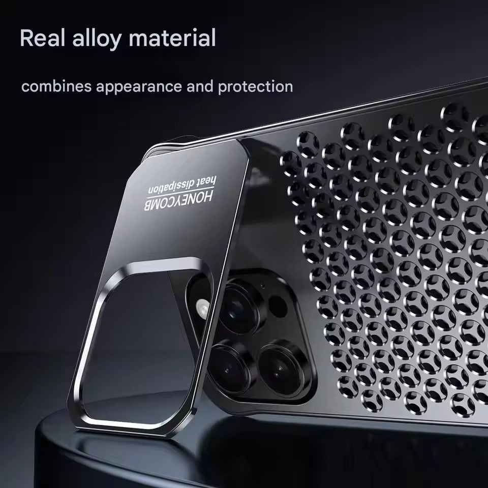 Rugged iPhone Case — Aluminum Alloy Hollow Cooling Cover with Shockproof Anti-Scratch Protection & Built-In Stand