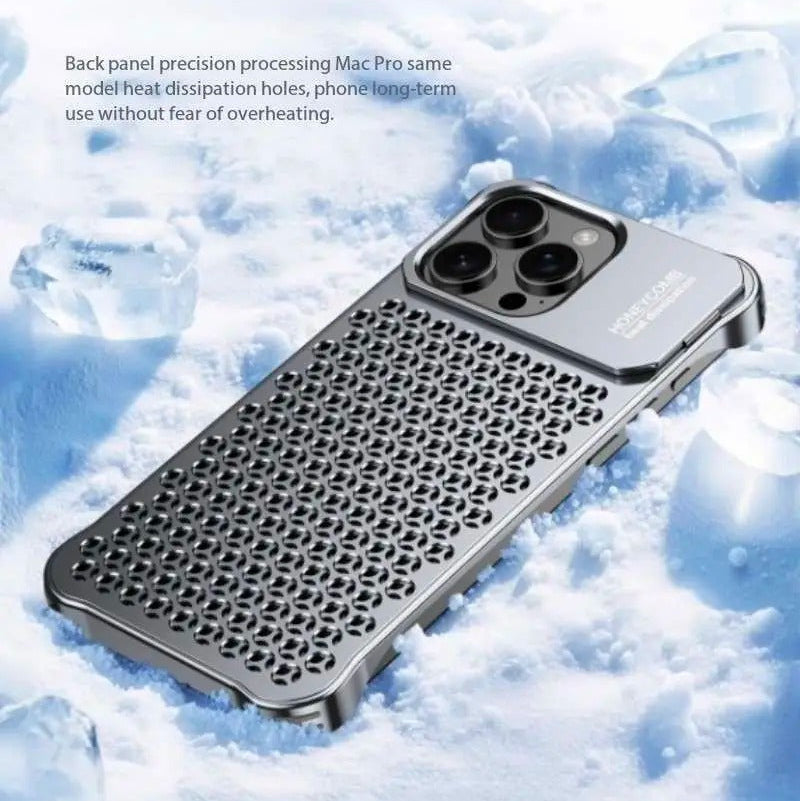 Rugged iPhone Case — Aluminum Alloy Hollow Cooling Cover with Shockproof Anti-Scratch Protection & Built-In Stand