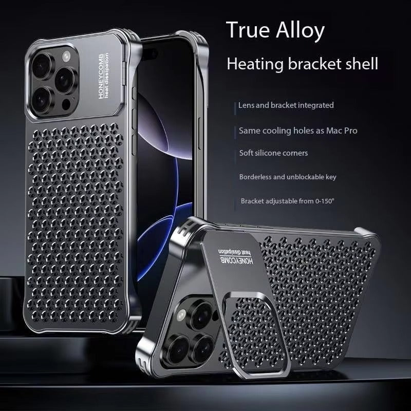 Rugged iPhone Case — Aluminum Alloy Hollow Cooling Cover with Shockproof Anti-Scratch Protection & Built-In Stand