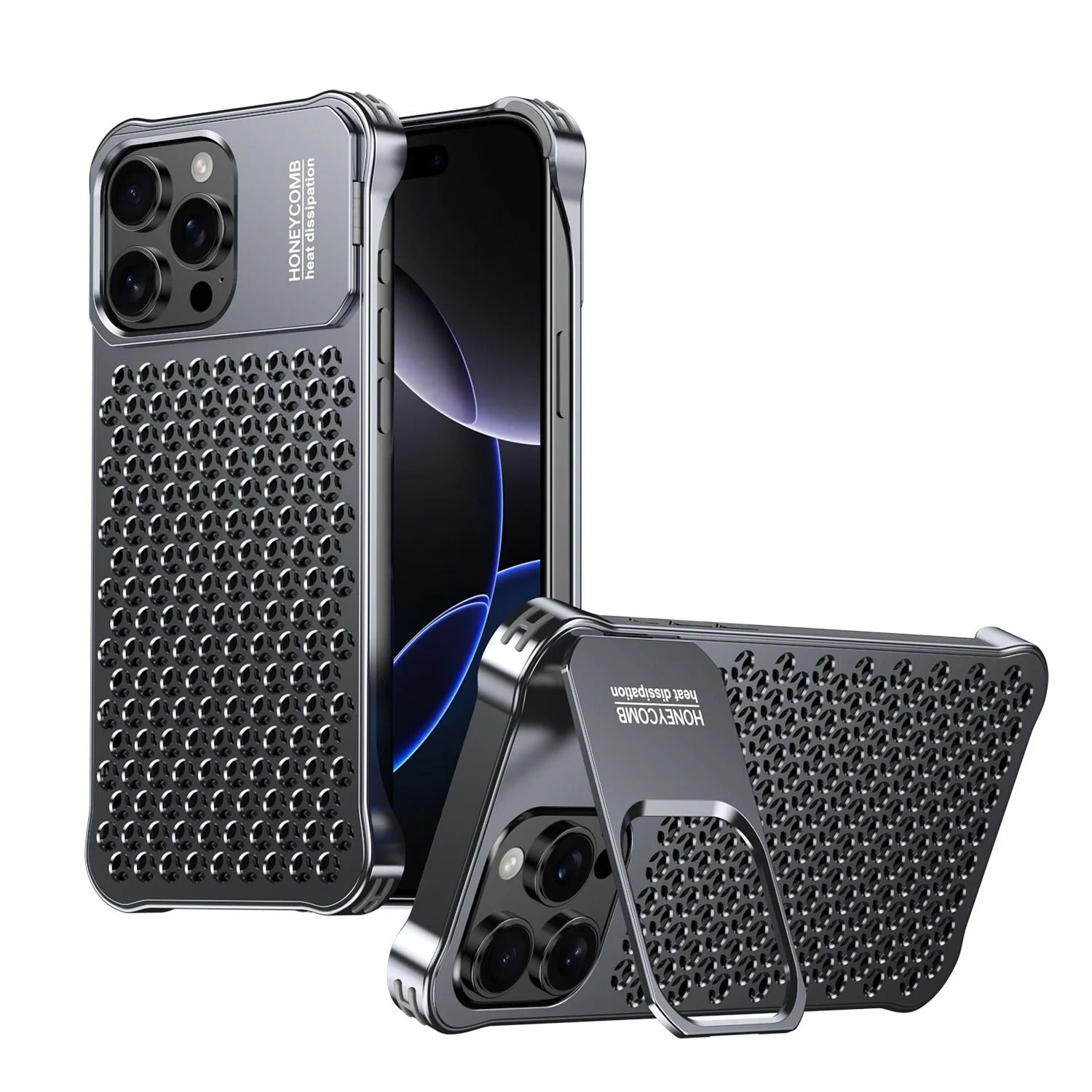 Rugged iPhone Case — Aluminum Alloy Hollow Cooling Cover with Shockproof Anti-Scratch Protection & Built-In Stand